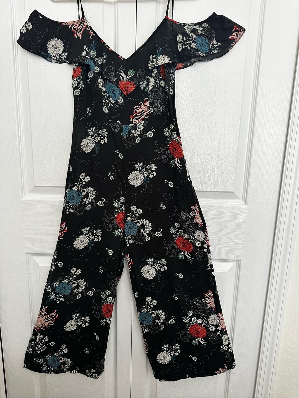 Zara Black Floral Off-Shoulder Jumpsuit with Red & Blue Accents